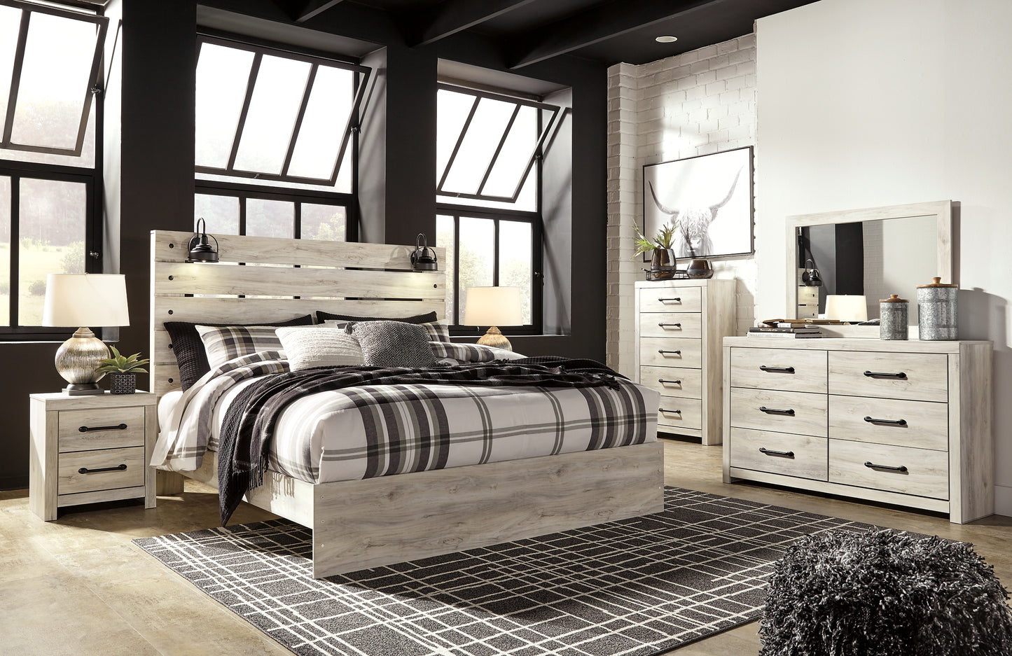 Cambeck Panel Bed With Mirrored Dresser, Chest And 2 Nightstands