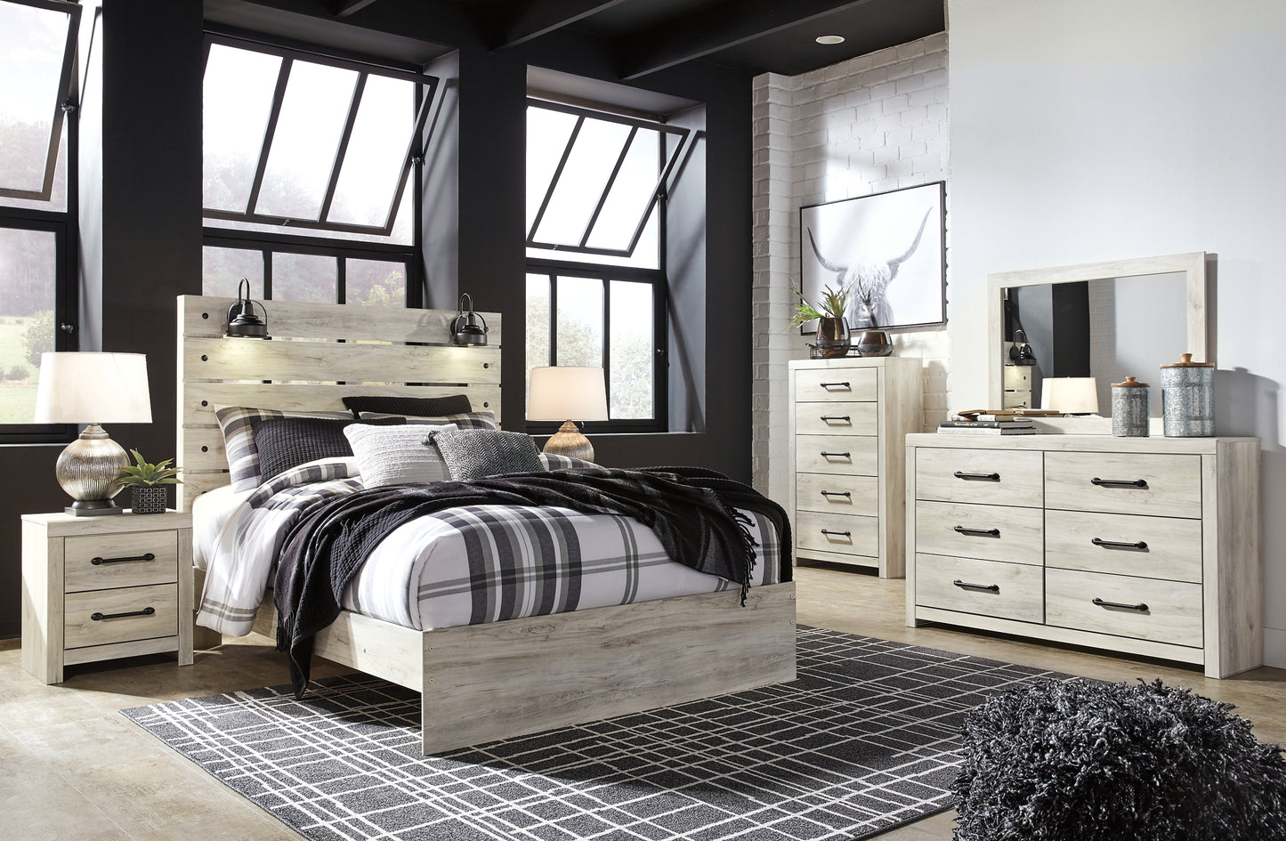 Cambeck Panel Bed With Mirrored Dresser, Chest And 2 Nightstands