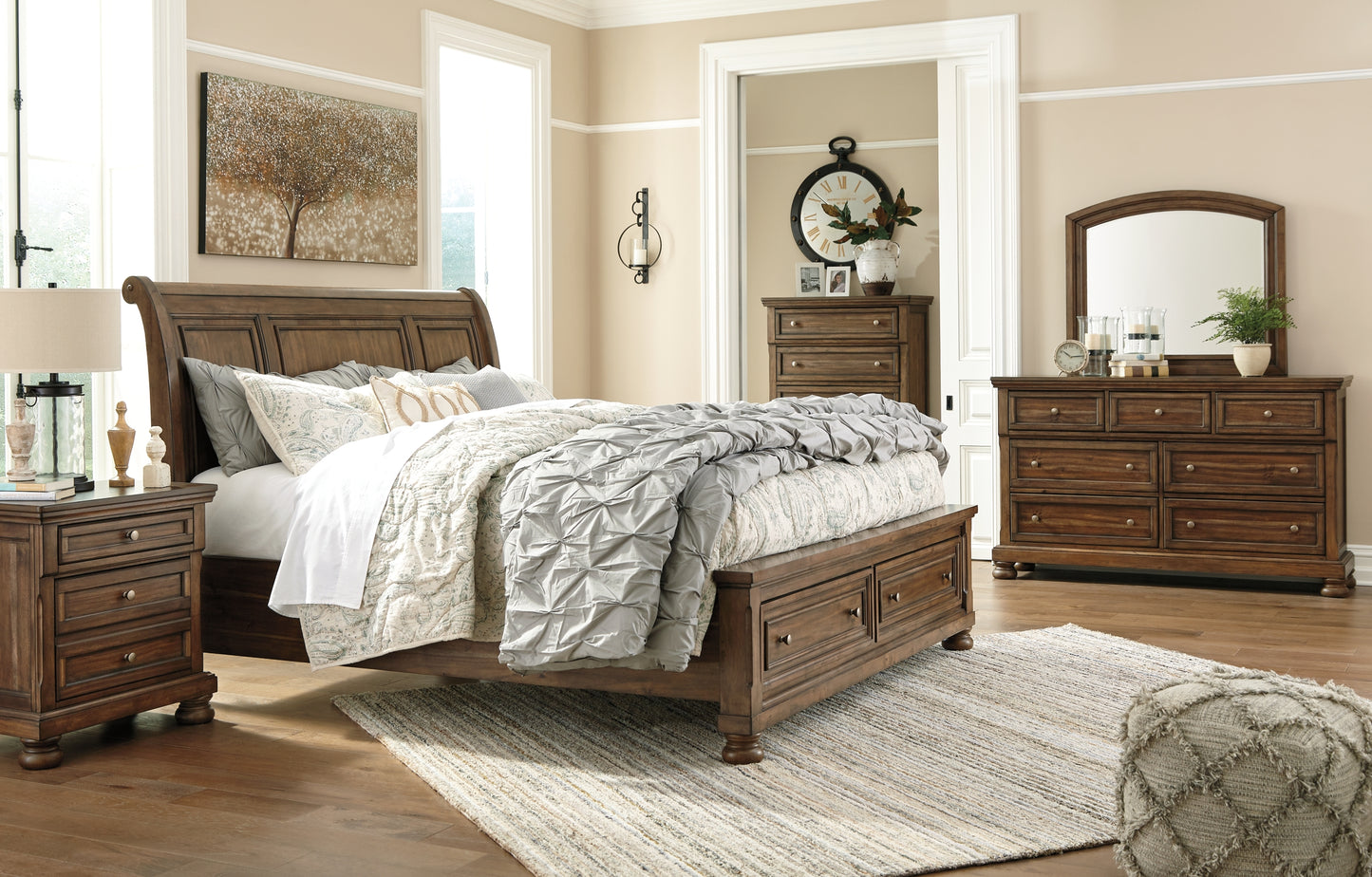 Flynnter Sleigh Bed With 2 Storage Drawers With Mirrored Dresser, Chest And Nightstand